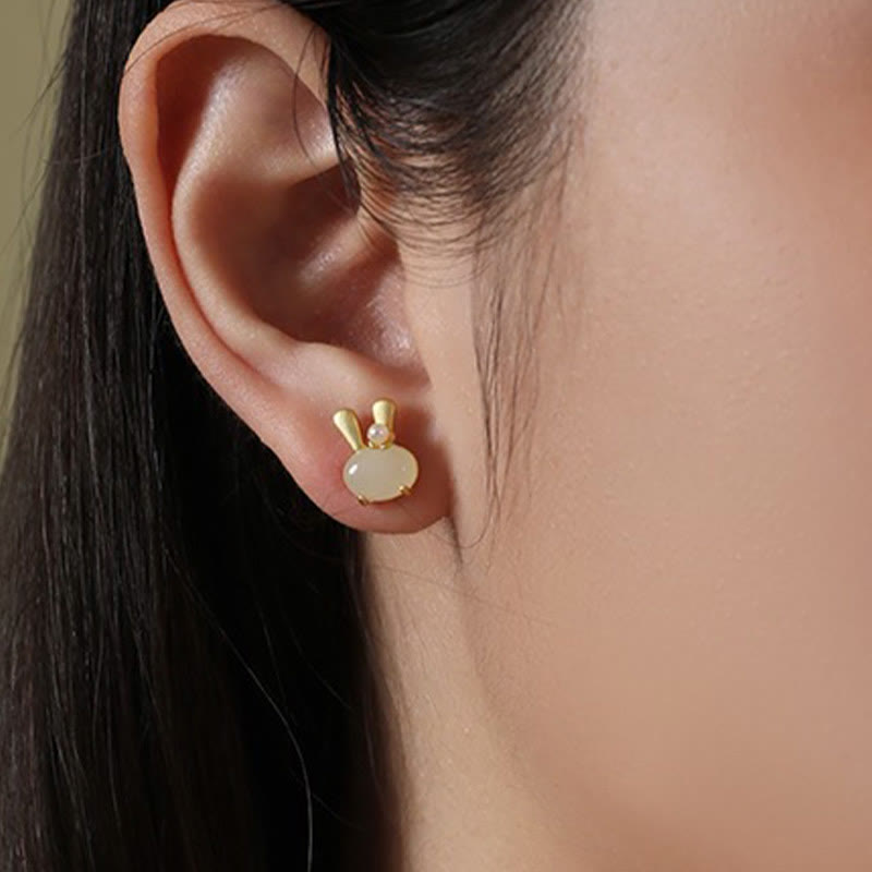 Boucles d’Oreilles Lapin en Jade Hetian Naturel & Perles – Argent 925
