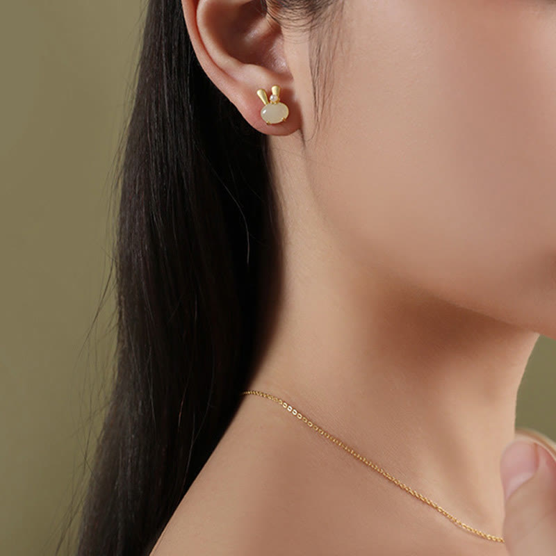 Boucles d’Oreilles Lapin en Jade Hetian Naturel & Perles – Argent 925