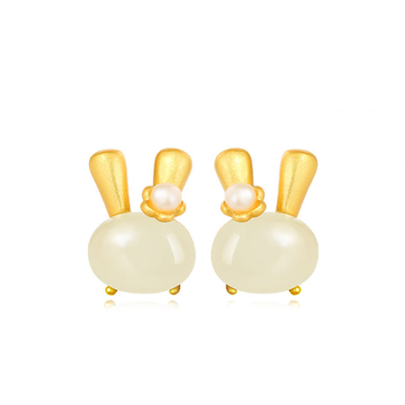 Boucles d’Oreilles Lapin en Jade Hetian Naturel & Perles – Argent 925