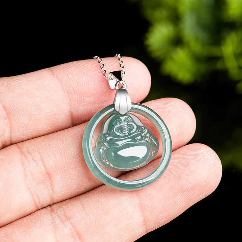 Collier Bouddha Rieur en Jade Naturel et Argent 925