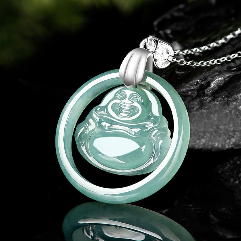 Collier Bouddha Rieur en Jade Naturel et Argent 925