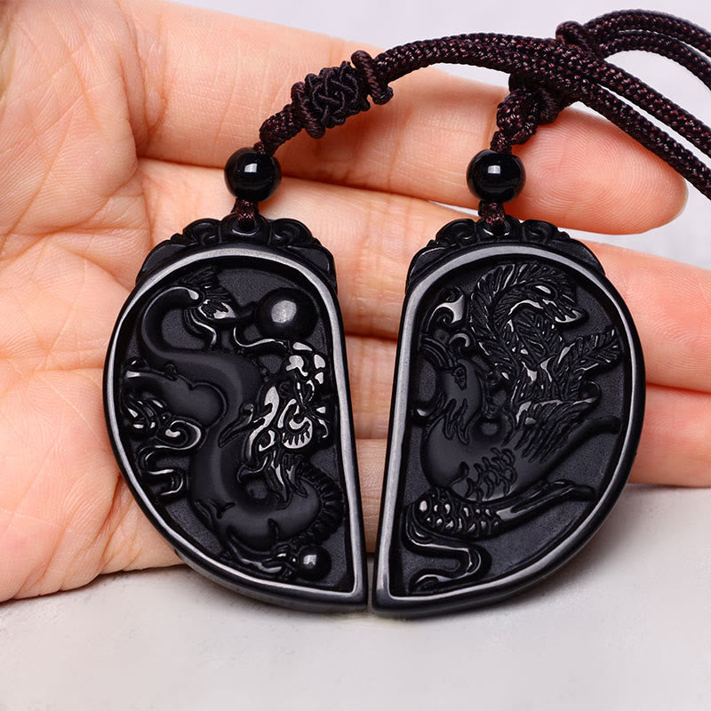 Collier Dragon & Phénix en Obsidienne Noire Naturelle