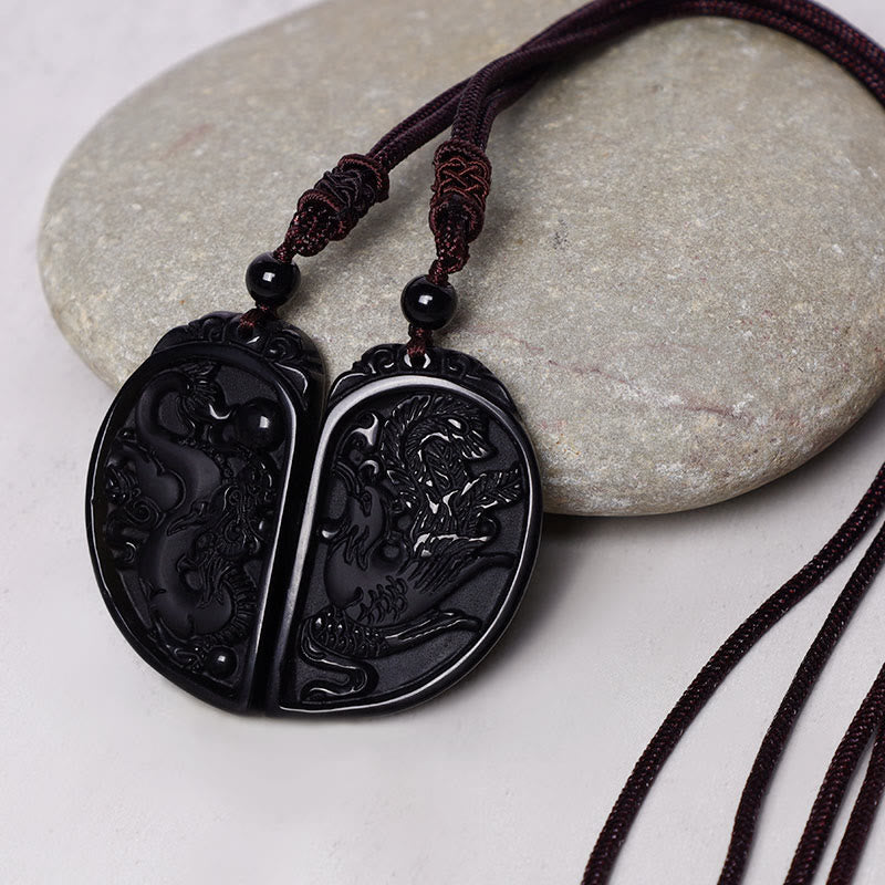 Collier Dragon & Phénix en Obsidienne Noire Naturelle