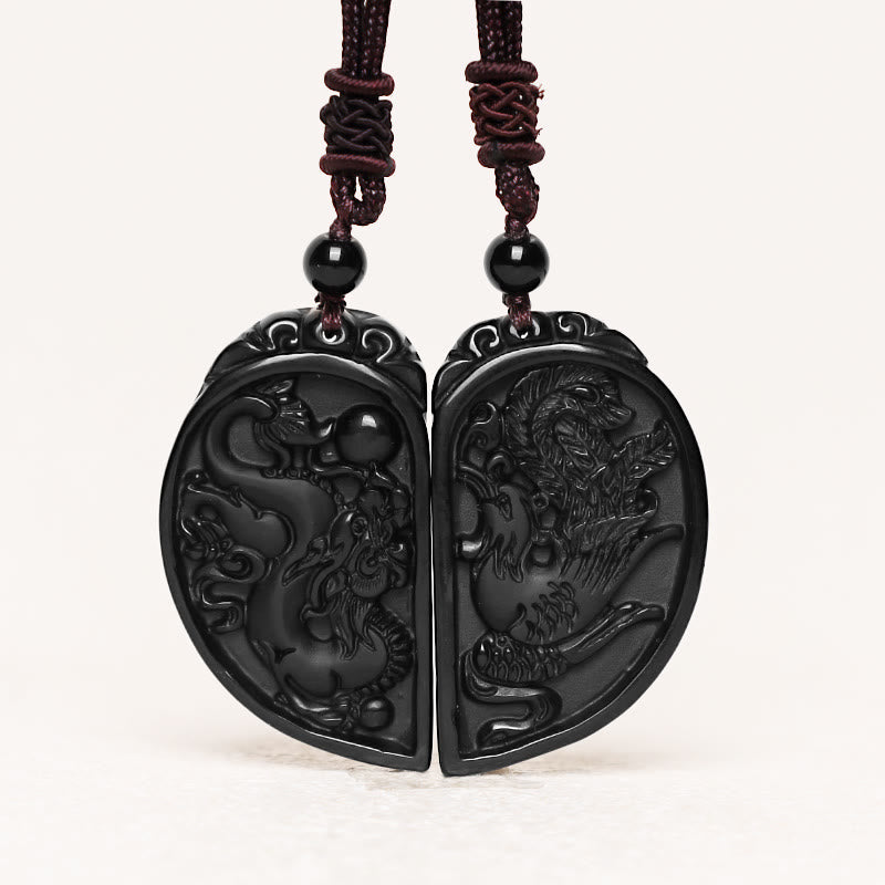Collier Dragon & Phénix en Obsidienne Noire Naturelle