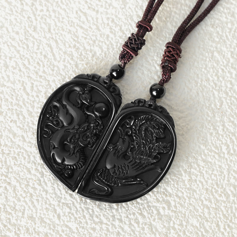 Collier Dragon & Phénix en Obsidienne Noire Naturelle