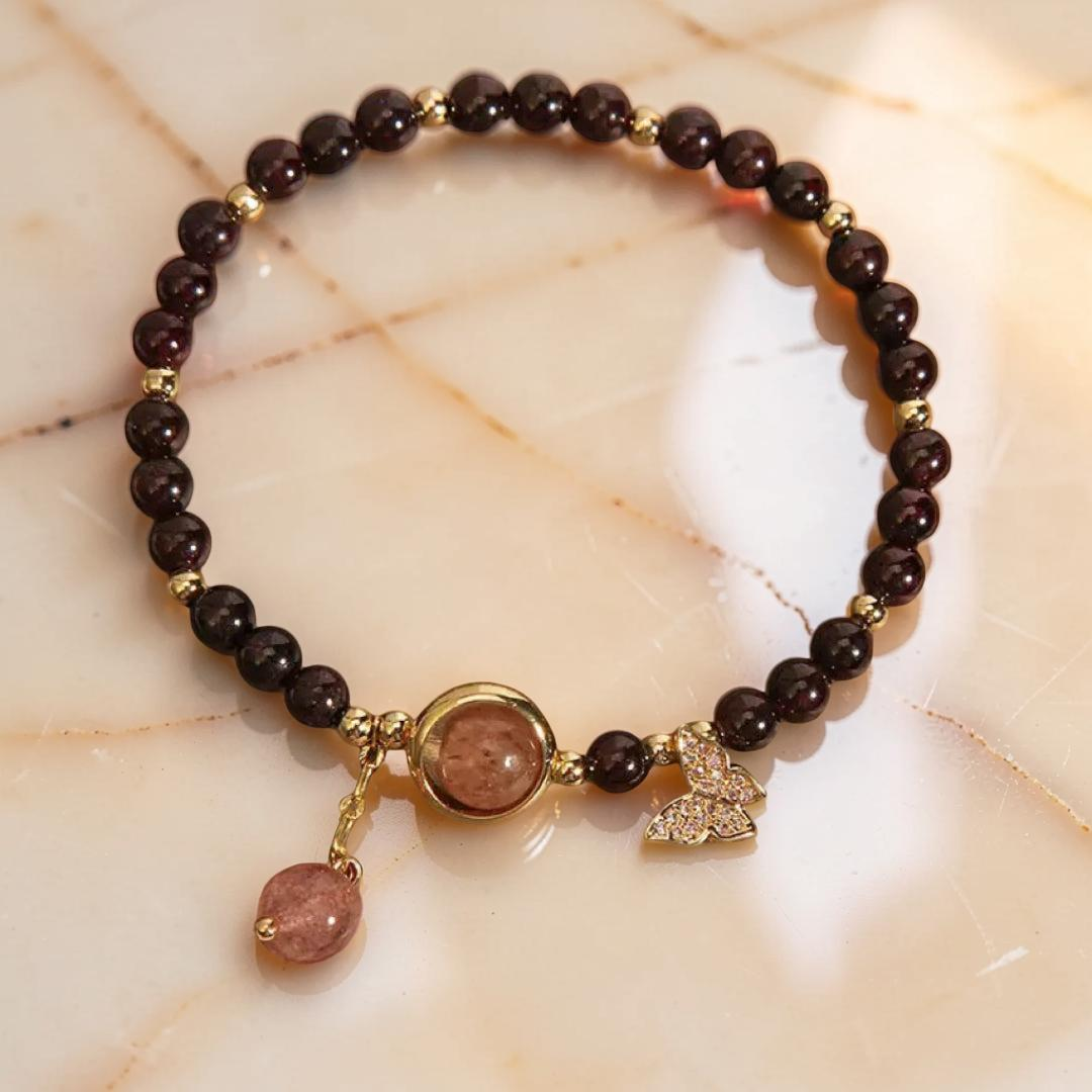Bracelet Grenat et Quartz Fraise – Grâce Papillon
