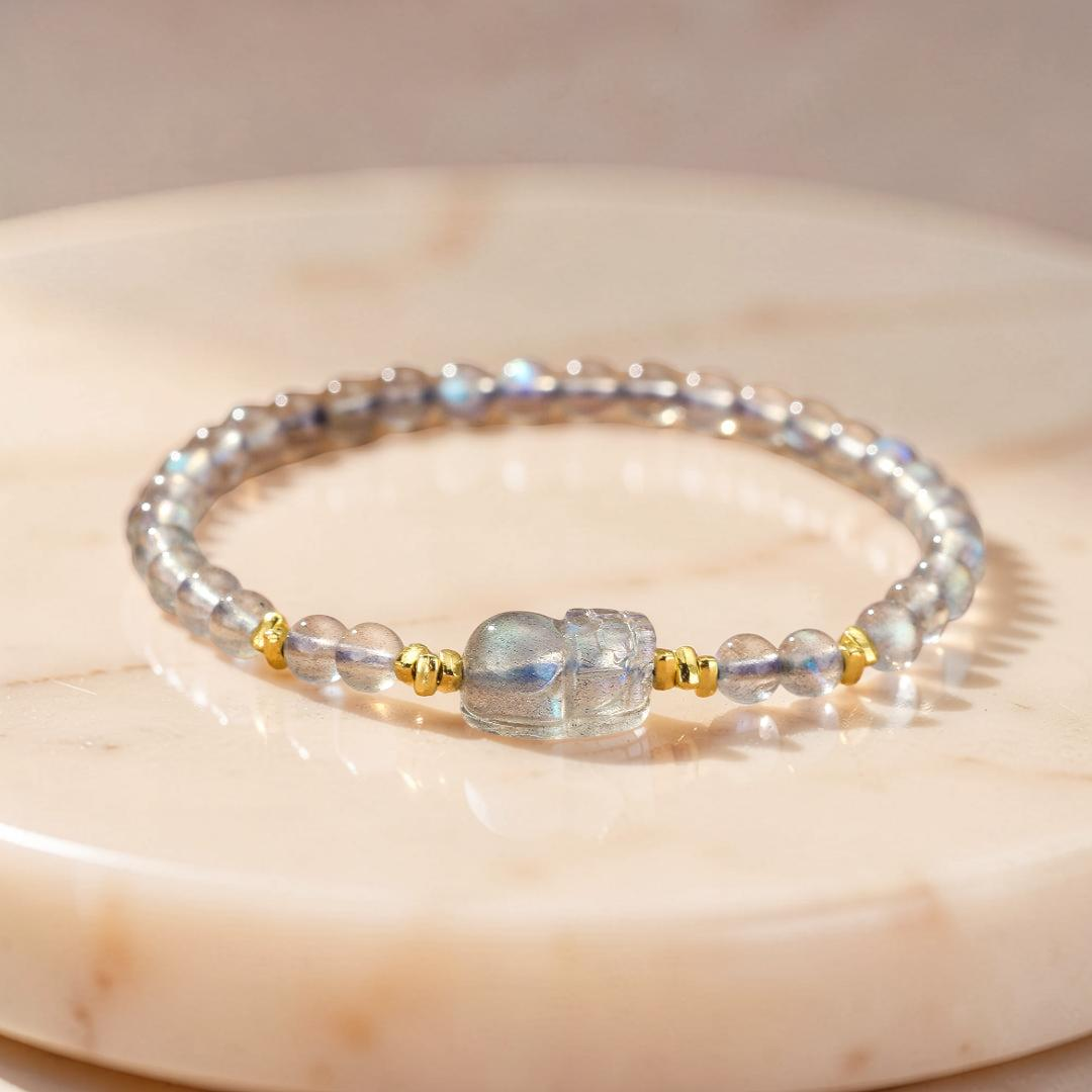 Bracelet Pi Xiu Pierre de Lune et Labradorite – Magie Nocturne, Argent Plaqué Or