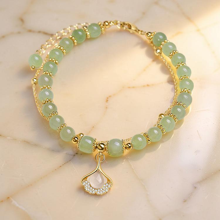 Bracelet Jade – Feuille Ginkgo, Argent Plaqué Or