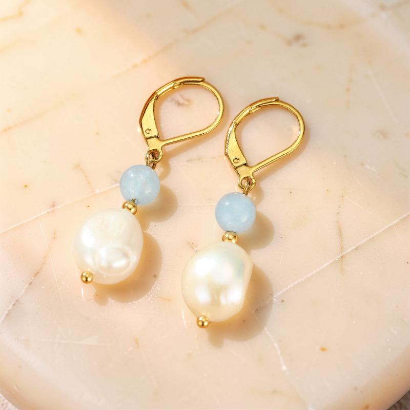 Boucles d'oreilles Aigue marine et Perle – Pure Lumière