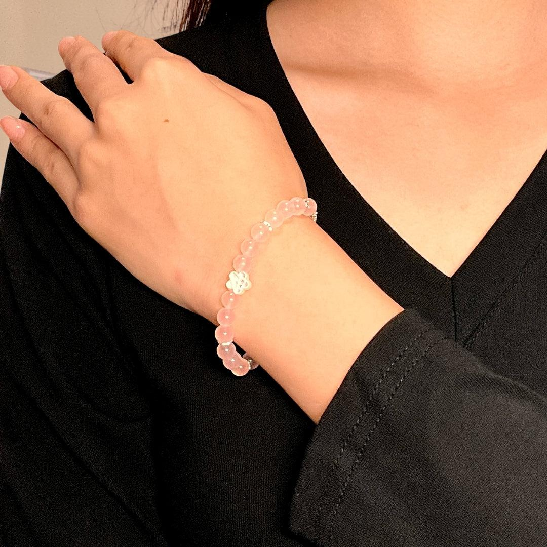 Bracelet Quartz Rose – Fleur de Sakura, Argent