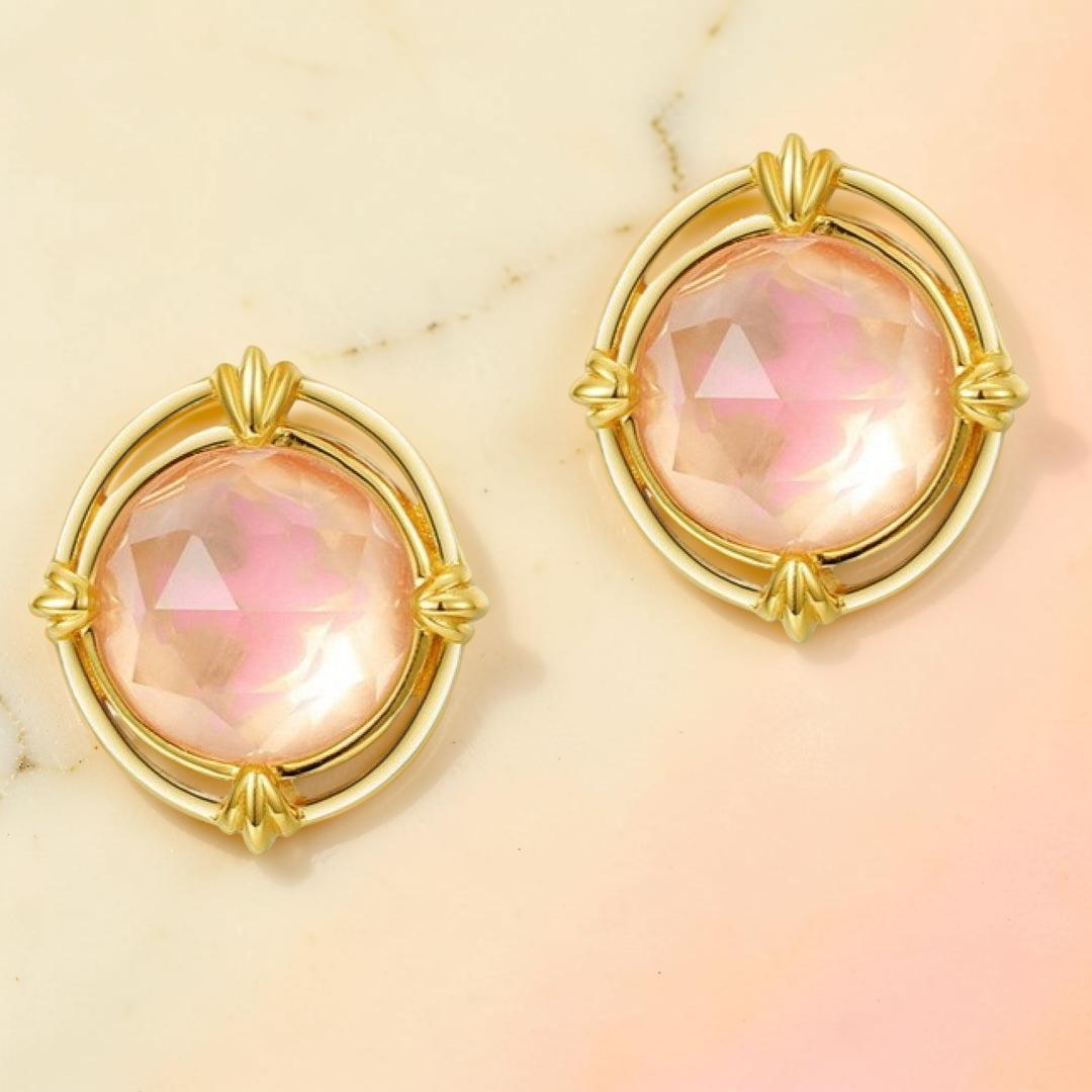 Boucles d'oreilles Quartz Rose – Aura Radieuse, Argent Plaqué Or 10K
