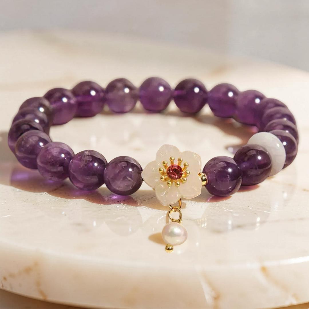 Bracelet Améthyste, Jade et Perle – Fleur de Sérénité
