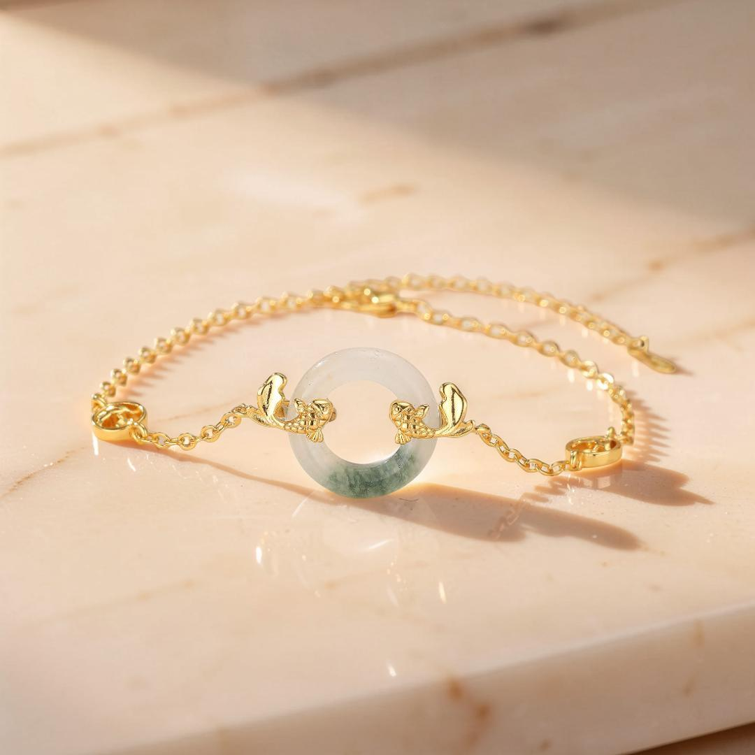 Bracelet Jade et Carpe Koï – Charme d'Abondance, Plaqué Or