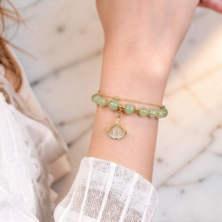 Bracelet Jade – Feuille Ginkgo, Argent Plaqué Or