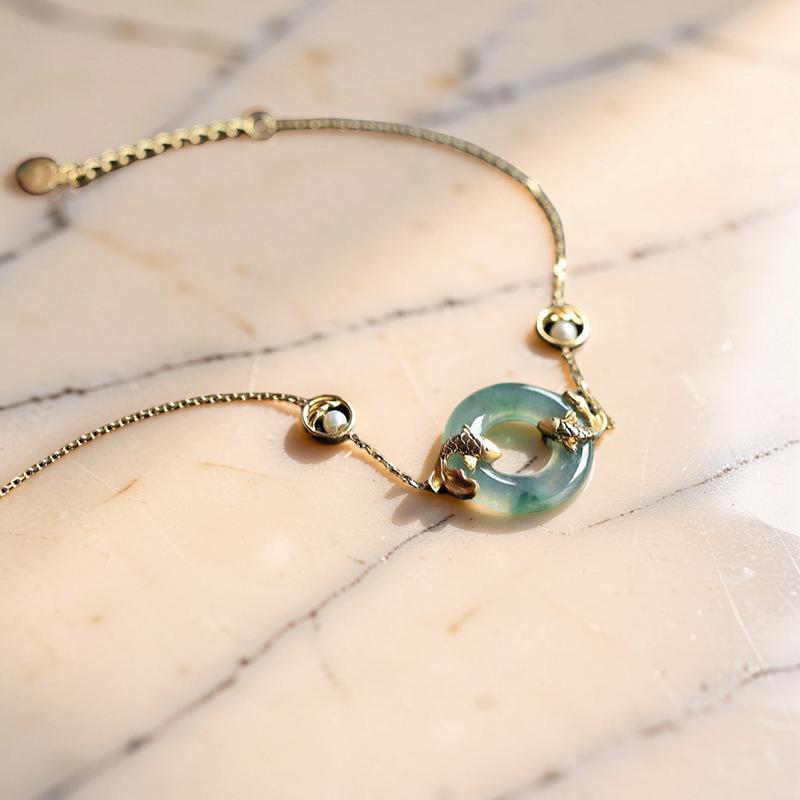 Bracelet Jade et Carpe Koï – Charme d'Abondance, Plaqué Or