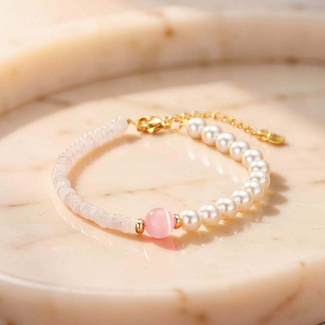 Bracelet Quartz Rose et Perles – Douceur Féline