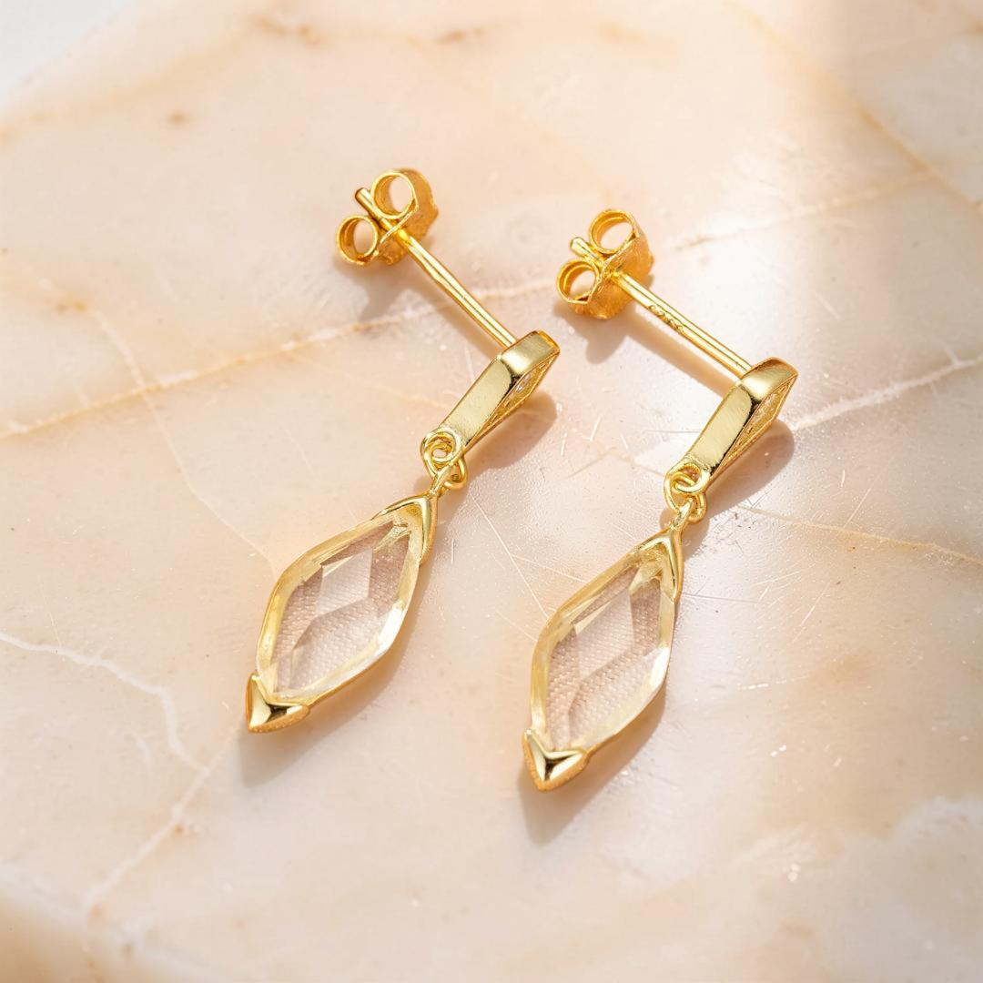 Boucles d'Oreilles Cristal de Roche – Pluie Dorée, Argent Plaqué Or 14K