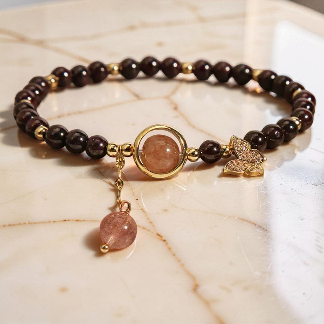 Bracelet Grenat et Quartz Fraise – Grâce Papillon
