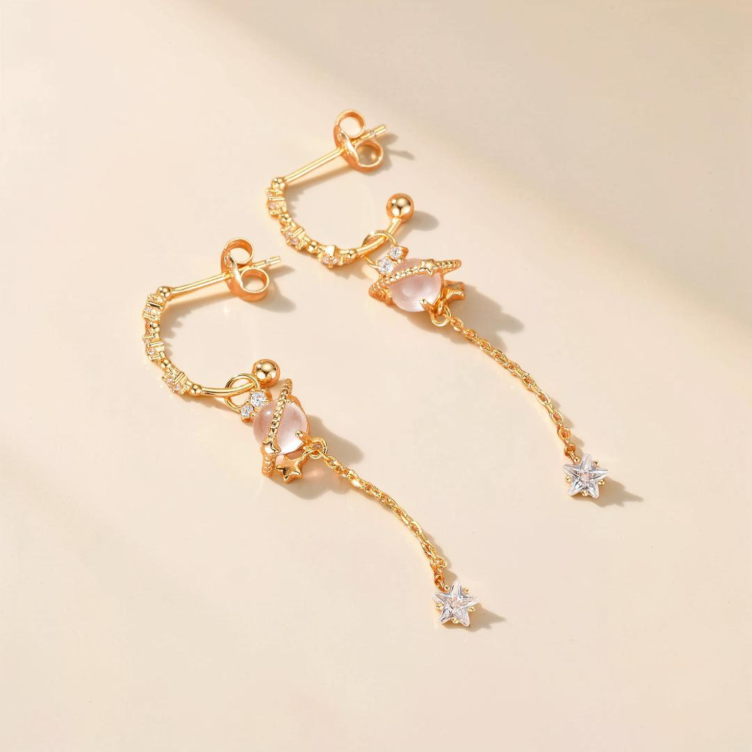 Boucles d’Oreilles Quartz Rose – Galaxie Intérieure, Argent Plaqué Or 14K