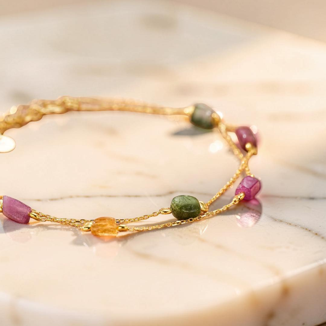 Bracelet Tourmaline – Cristaux Bruts, Argent Plaqué Or