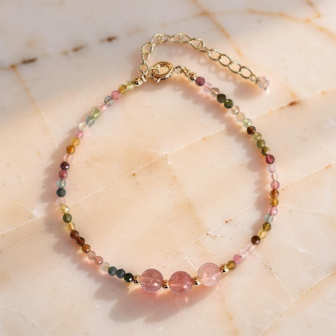 Bracelet Tourmaline et Quartz Fraise – Délicate Énergie
