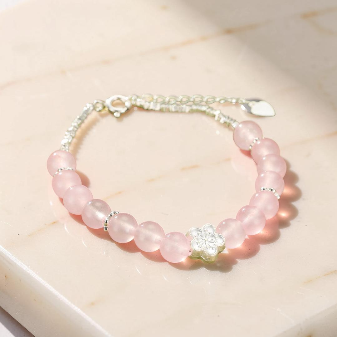 Bracelet Quartz Rose – Fleur de Sakura, Argent