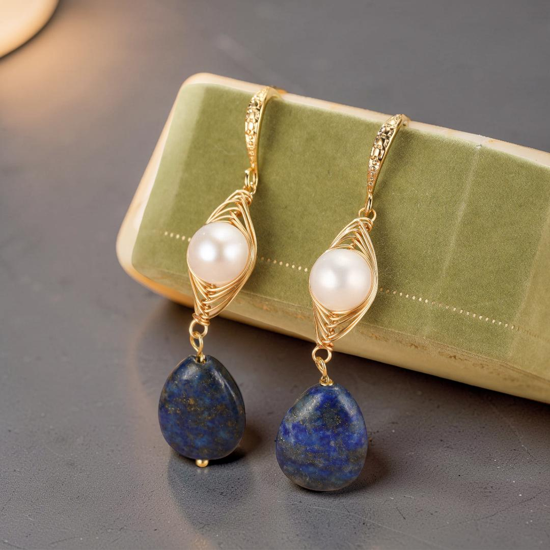 Boucles d'Oreilles Perles et Lapis Lazuli - Blanc et Bleu