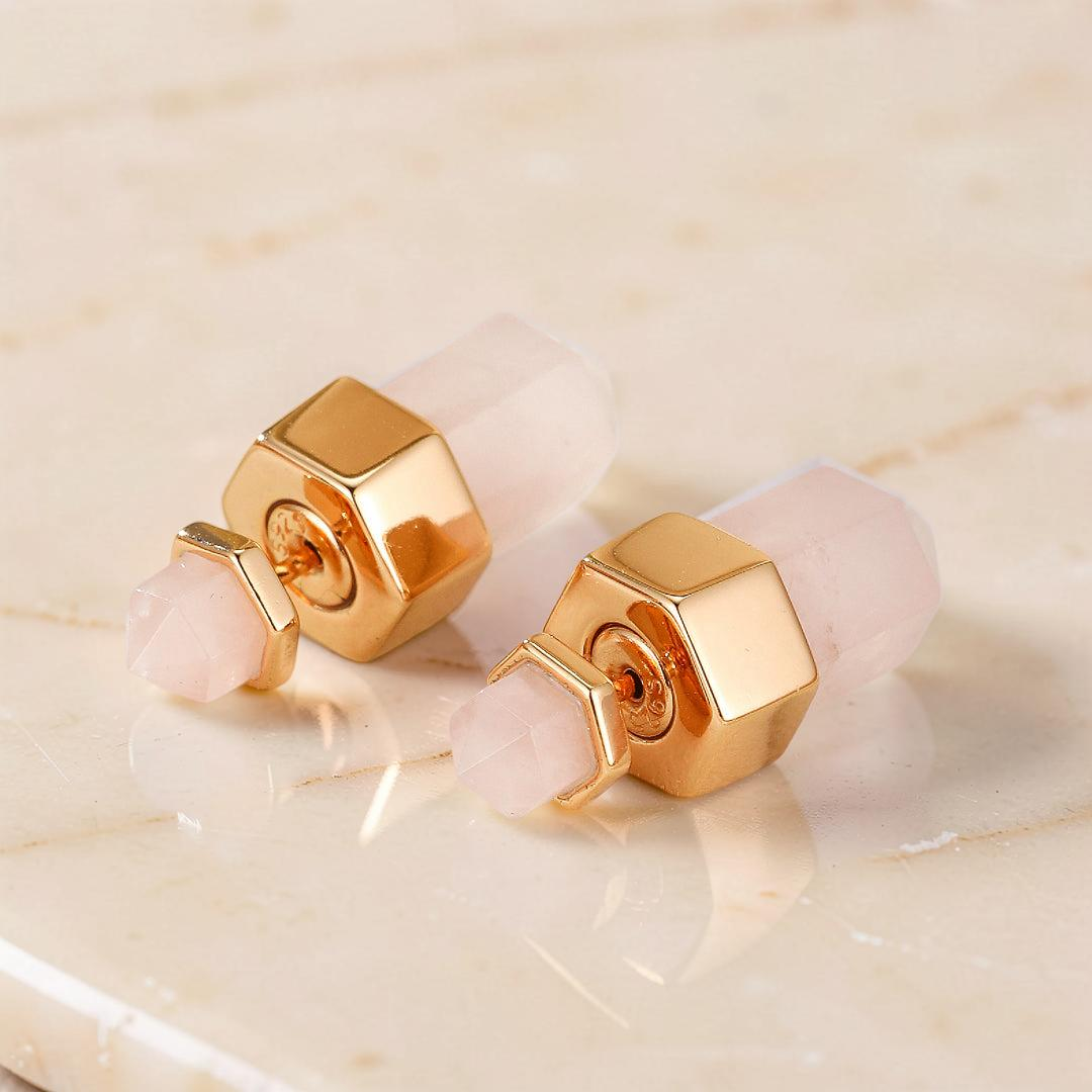 Boucles d’oreilles Quartz Rose – Point de Lumière, Argent Plaqué Or 10K