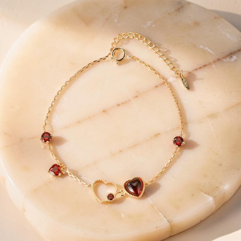 Bracelet Grenat – Cœur Passionné, Argent Plaqué Or 14K
