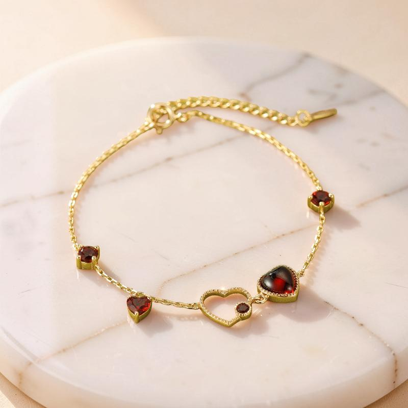 Bracelet Grenat – Cœur Passionné, Argent Plaqué Or 14K
