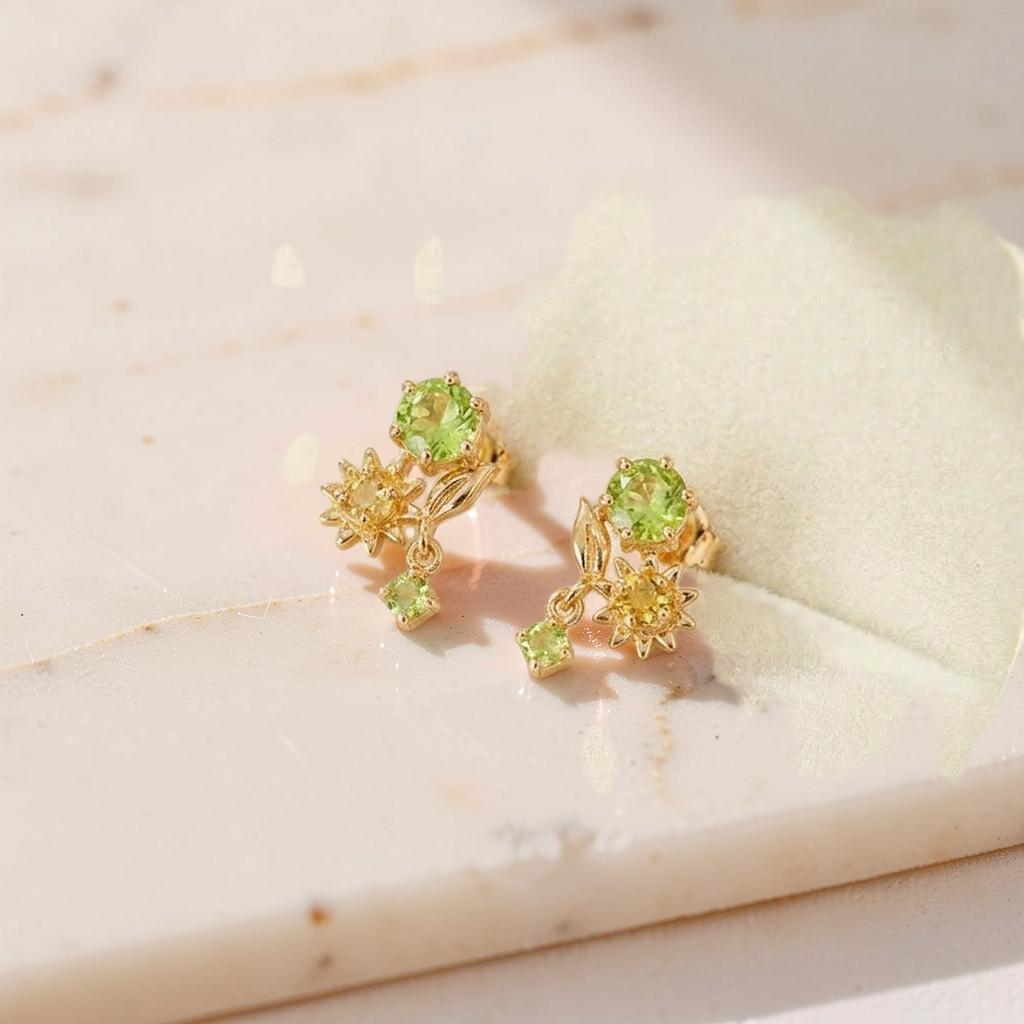 Boucles d'Oreilles Péridot et Citrine – Fleur Ensoleillée, Argent Plaqué Or
