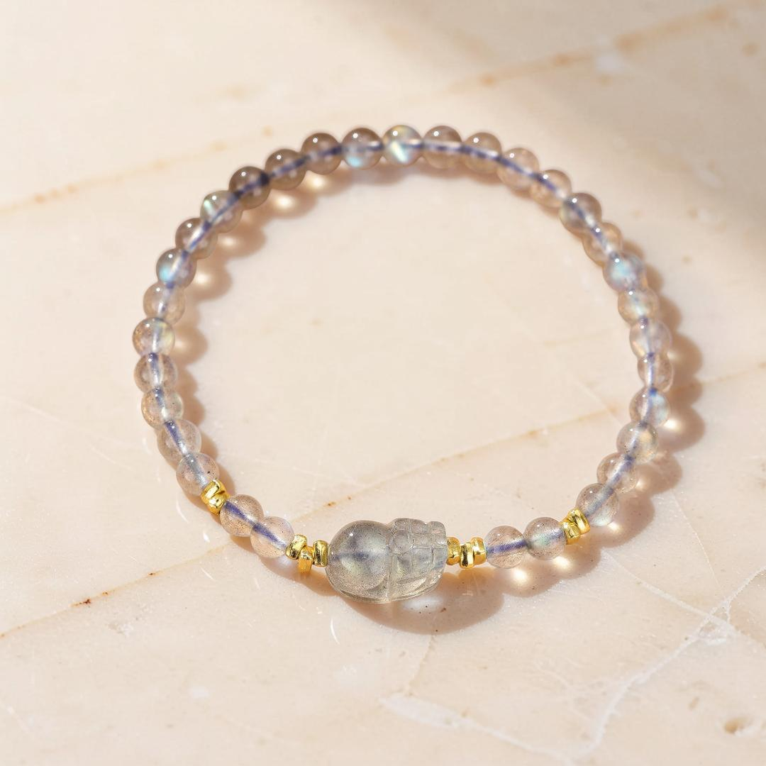 Bracelet Pi Xiu Pierre de Lune et Labradorite – Magie Nocturne, Argent Plaqué Or