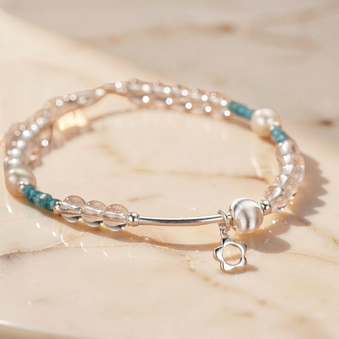 Bracelet Cristal de Roche et Apatite – Onde Joyeuse, Argent