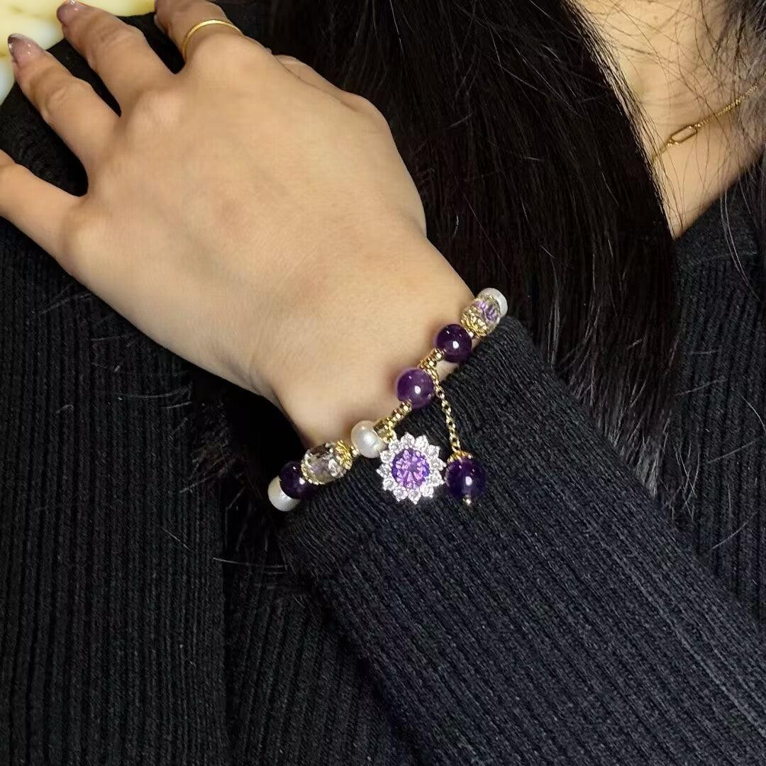 Bracelet Améthyste et Perle – Fleur de Soleil