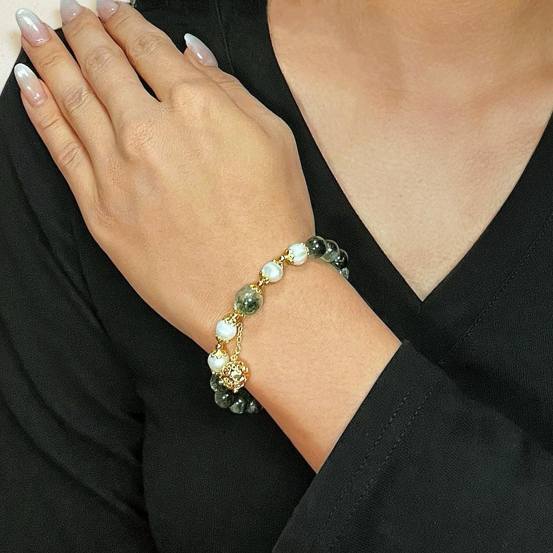 Bracelet Quartz Vert et Perle – Harmonie Royale