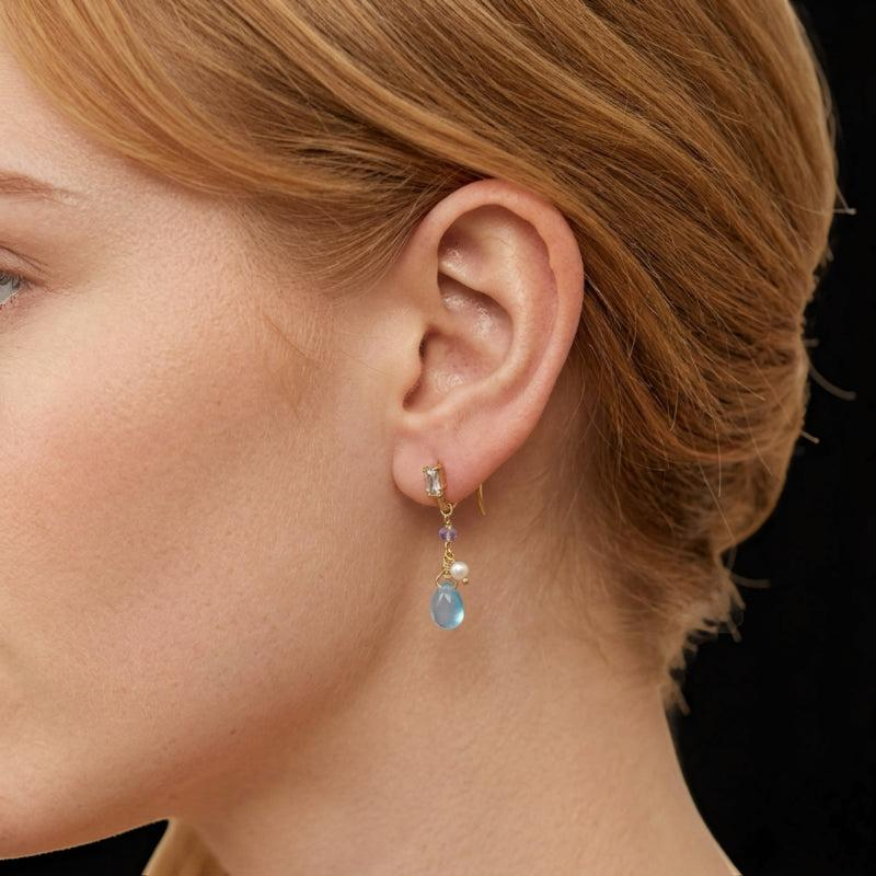 Boucles d'Oreilles Topaze et Perle – Allure Marine, Argent Plaqué Or