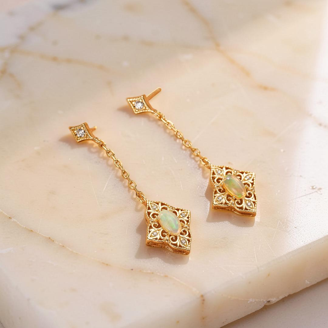Boucles d'Oreilles Opale – Lumière Bohème, Argent Plaqué Or 10K