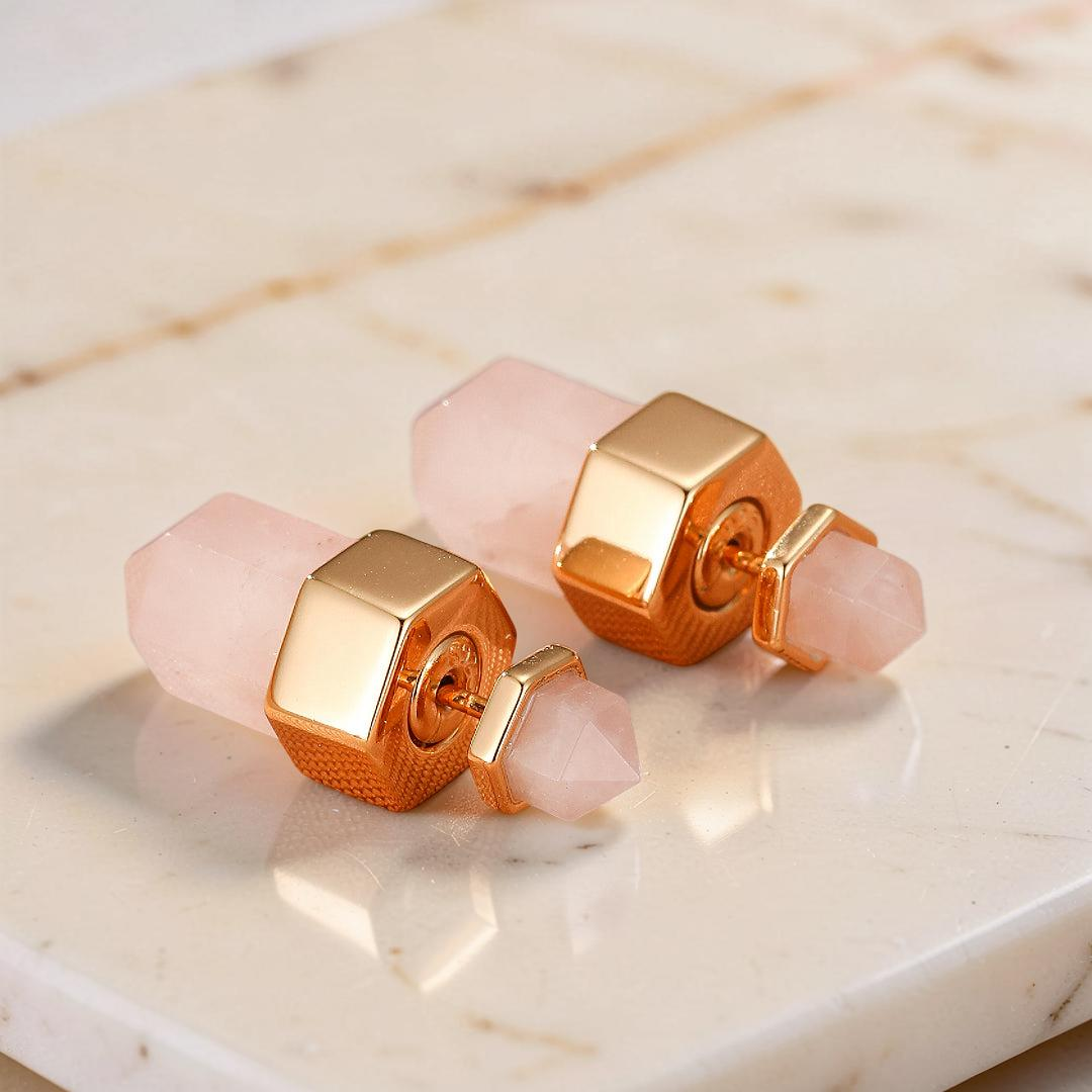Boucles d’oreilles Quartz Rose – Point de Lumière, Argent Plaqué Or 10K