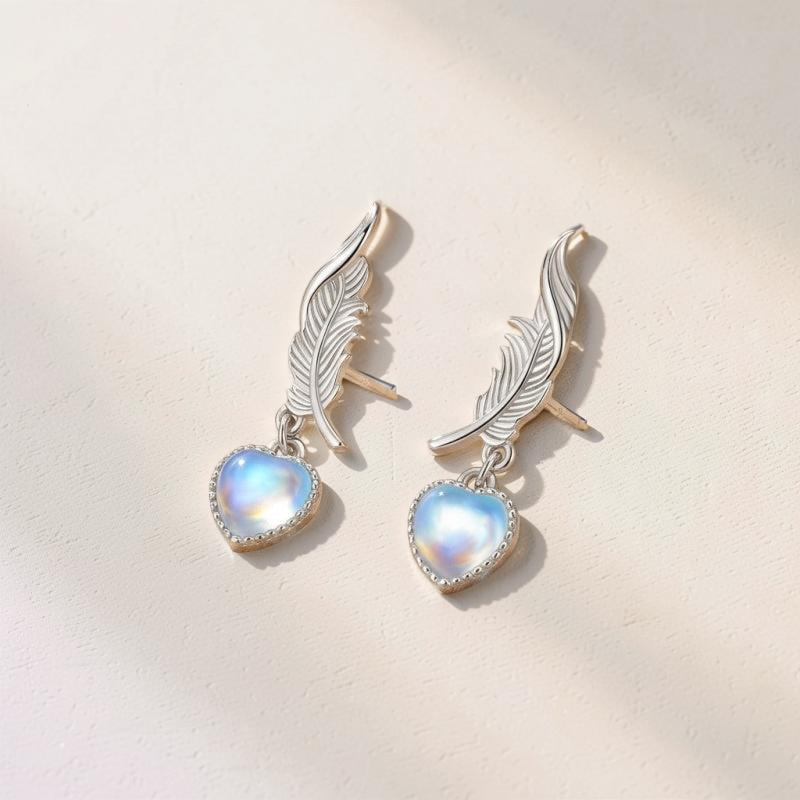 Boucles d'Oreilles Pierre de Lune – Plume Céleste, Argent