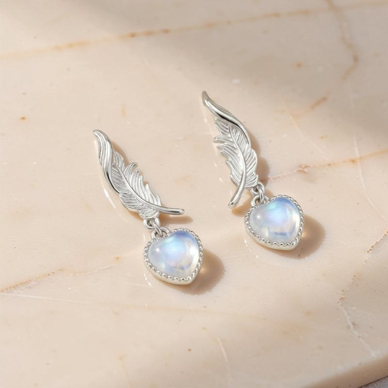Boucles d'Oreilles Pierre de Lune – Plume Céleste, Argent