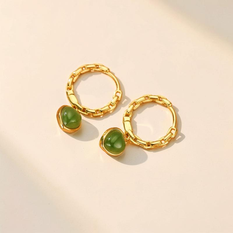 Boucles d'Oreilles Jade – Cœur de Sérénité, Argent Plaqué Or