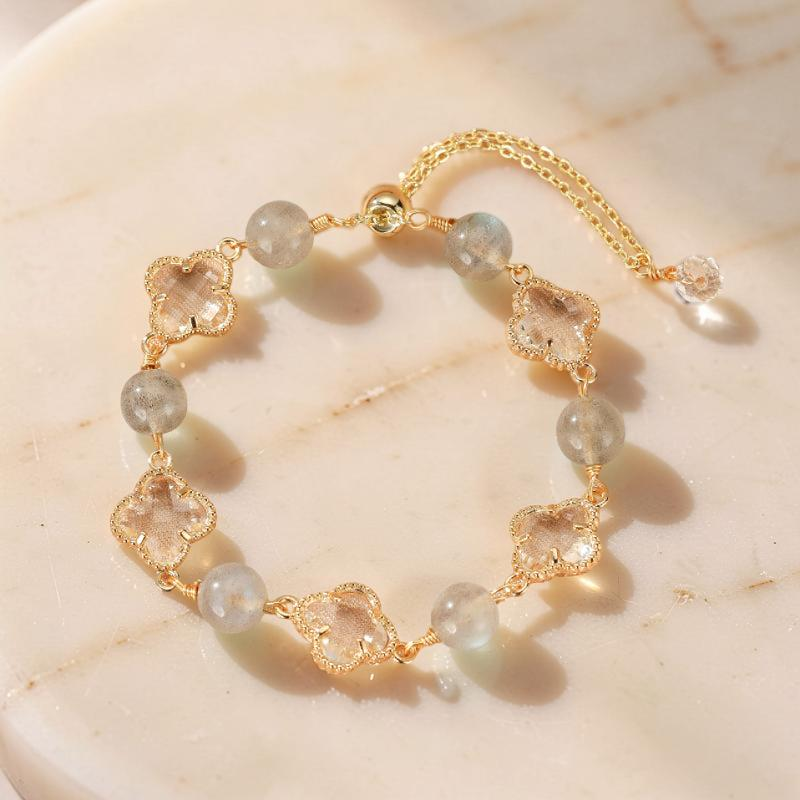 Bracelet Labradorite et Cristal de Roche – Trèfle Porte-Bonheur