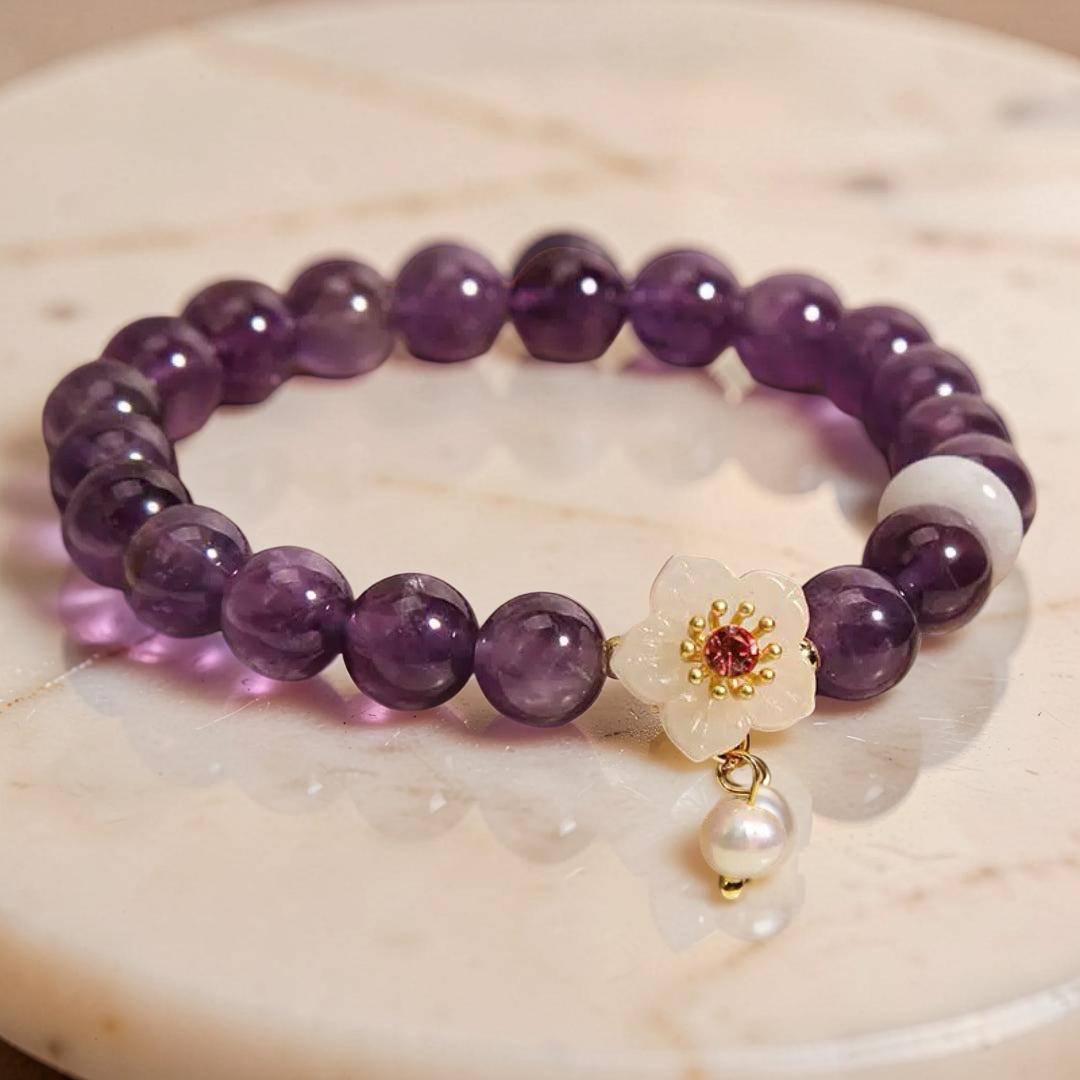 Bracelet Améthyste, Jade et Perle – Fleur de Sérénité
