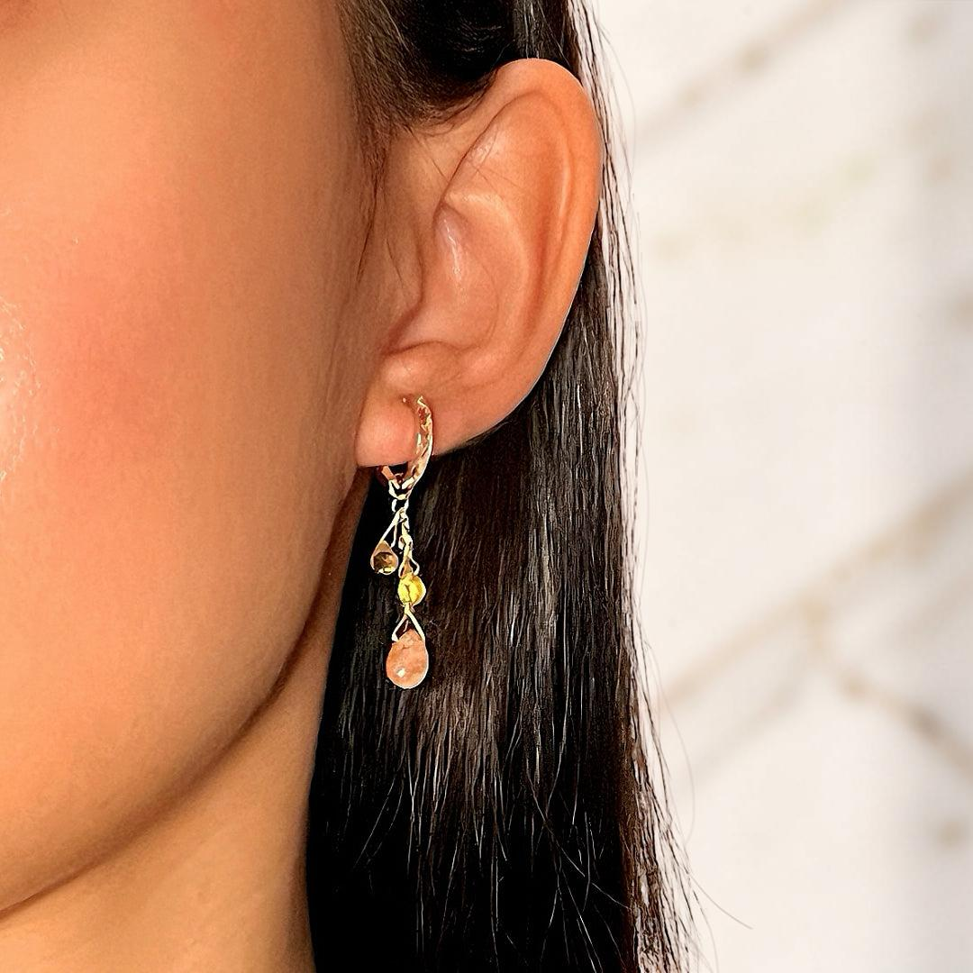 Boucles d'Oreilles Pierre de Soleil et Citrine – Rayons Bohèmes, Argent Plaqué Or
