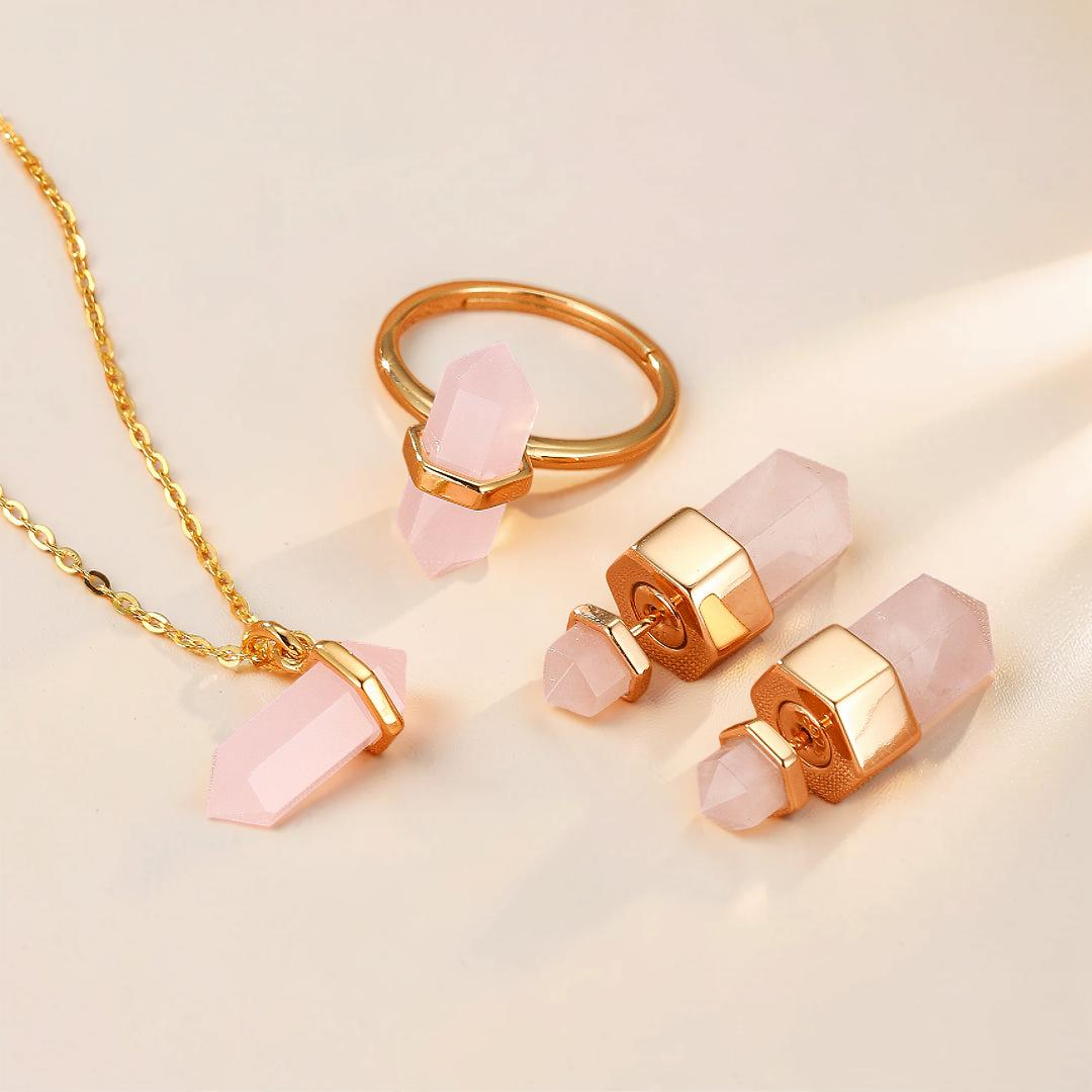 Boucles d’oreilles Quartz Rose – Point de Lumière, Argent Plaqué Or 10K