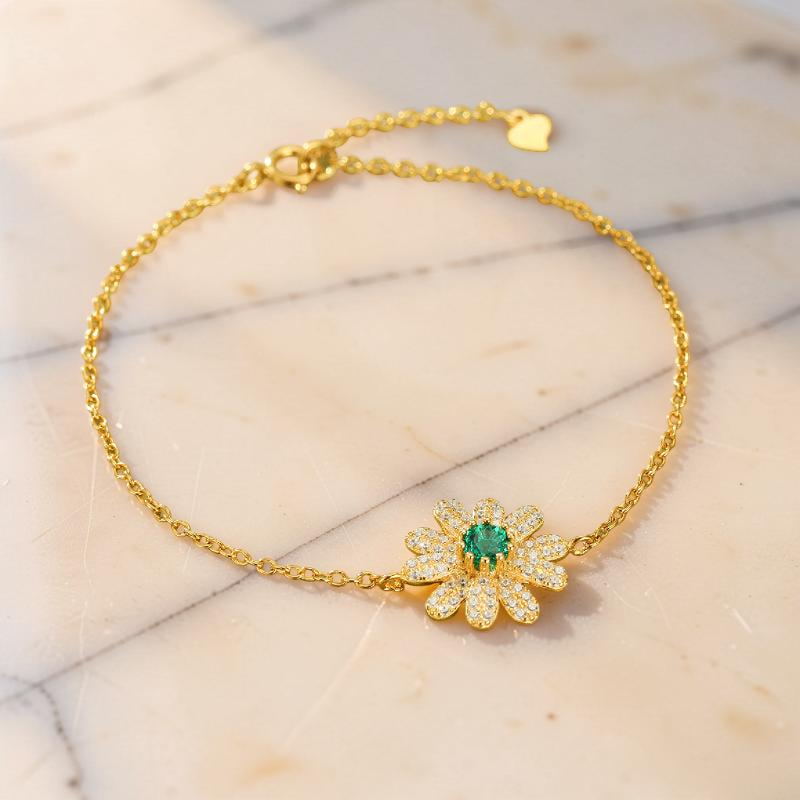 Bracelet Émeraude – Fleur Éclatante, Argent Plaqué Or 18K