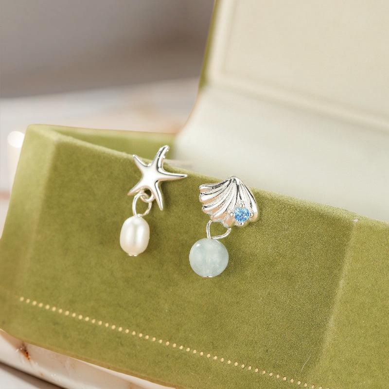 Boucles d'oreilles Aigue marine et Perle – Étoile de l'Océan, Argent