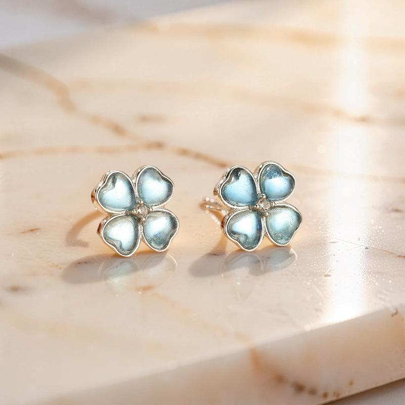 Boucles d'oreilles Aigue marine – Trèfle Céleste, Argent