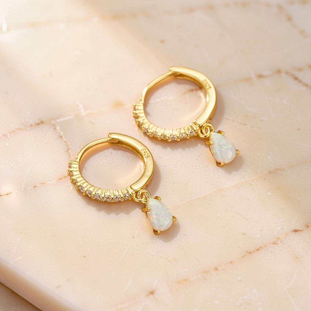 Boucles d'oreilles Opale – Goutte Solaire, Argent Plaqué Or