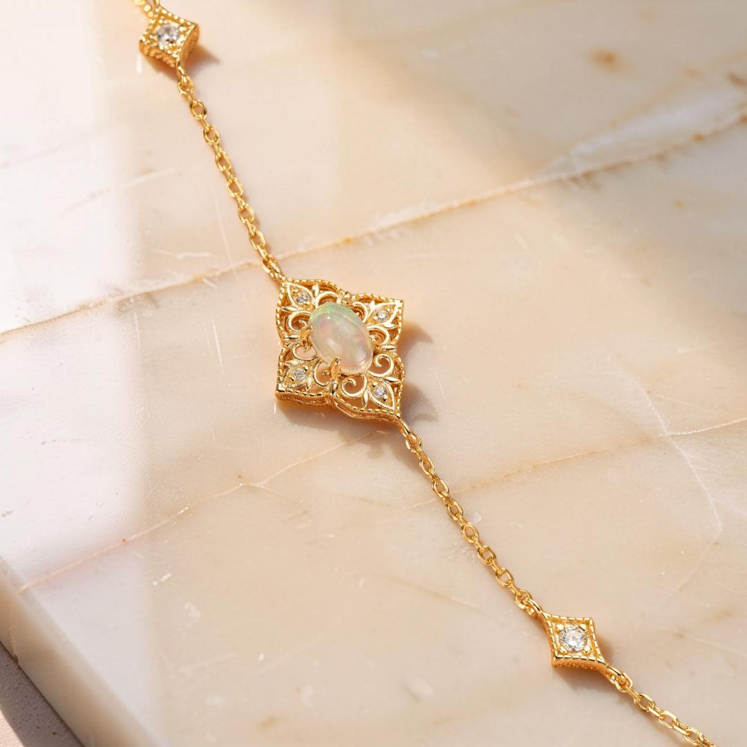 Bracelet Opale – Lumière Bohème, Argent Plaqué Or 10K